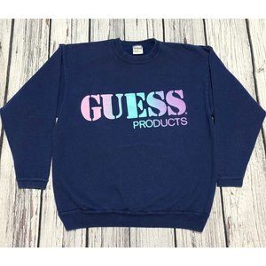 VTG 80s Guess Jeans USA Guess Products Spellout Blue Crewneck Sweater Size Small